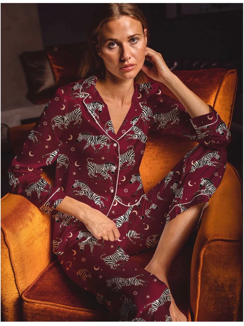 Burgundy Zebra-Print Satin Pajama Set